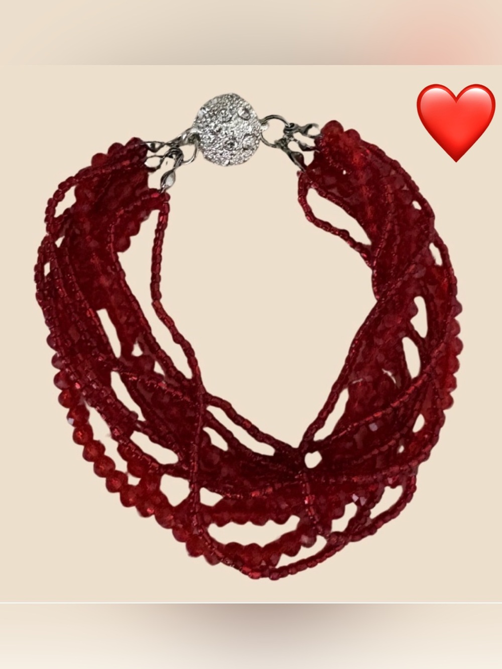 ⭐️ Red Multi-Strand Beaded Bracelet with Rhinestone Easy Magnetic Clasp